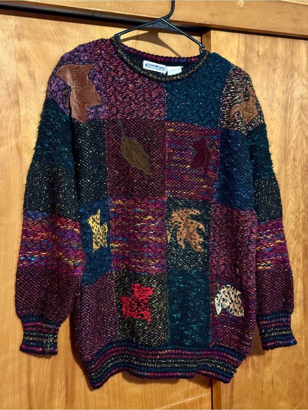 Vintage Mariea Kim 1980s Sweater Autumn Fall Leaves Woven Appliqué Cottagecore
